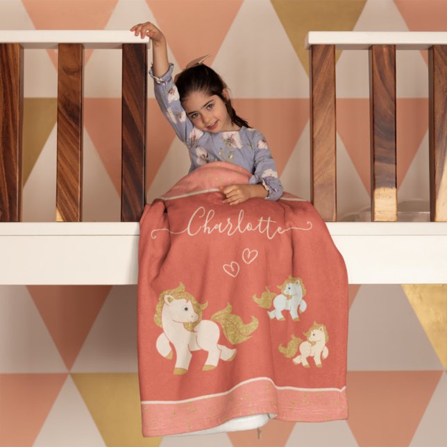 Pink Glitter Ponies with First Name Little Girl Fleece Blanket (Creator Uploaded)