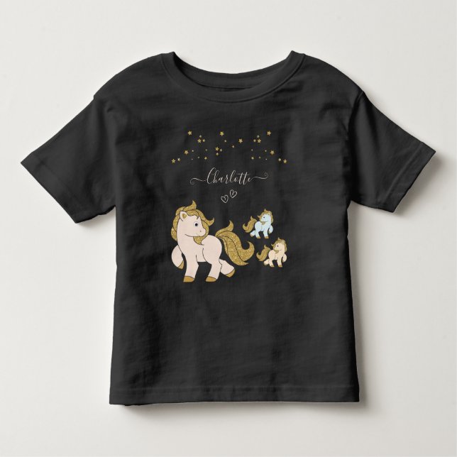 Pink Glitter Ponies with First Name Little Girl Toddler T-Shirt (Front)