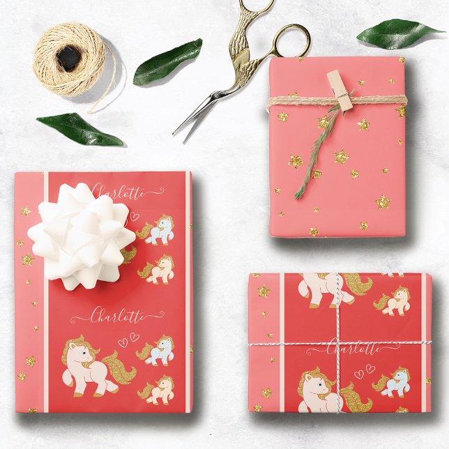 Pink Glitter Ponies with First Name Little Girl Wrapping Paper Sheet (Creator Uploaded)