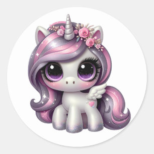 Pink glitter pony unicorn classic round sticker