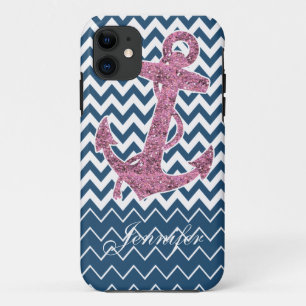 Pink Glitter Print Anchor Nautical Navy Blue Case