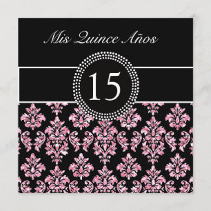 PINK GLITTER PRINTED, BLACK DAMASK QUINCEANERA INVITATION