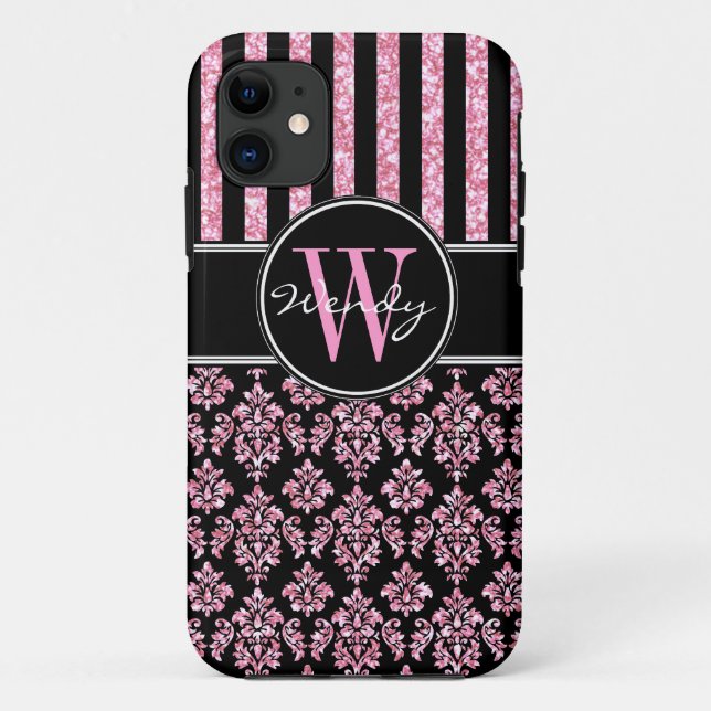 Pink Glitter Printed Black Damask Your Name Case-Mate iPhone Case (Back)