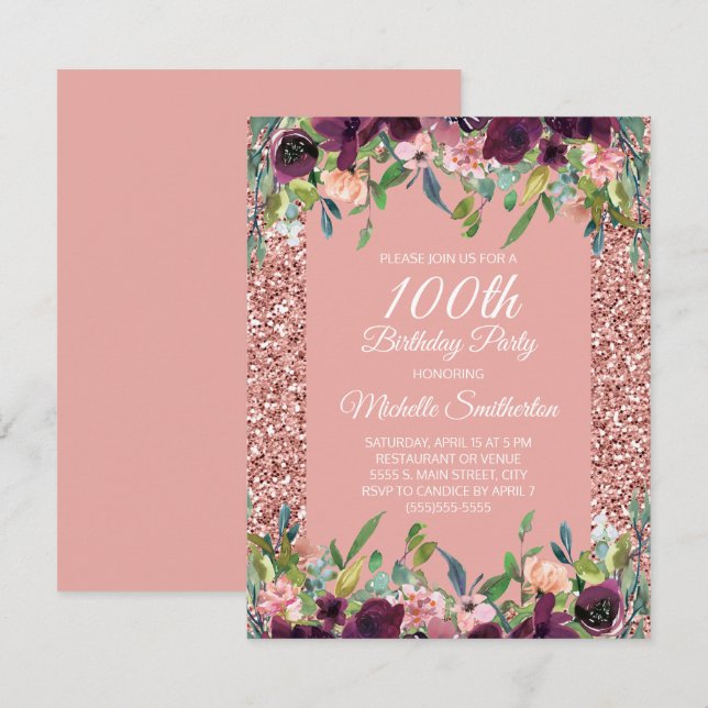 Pink Glitter Purple Floral 100th Birthday Card (Front/Back)