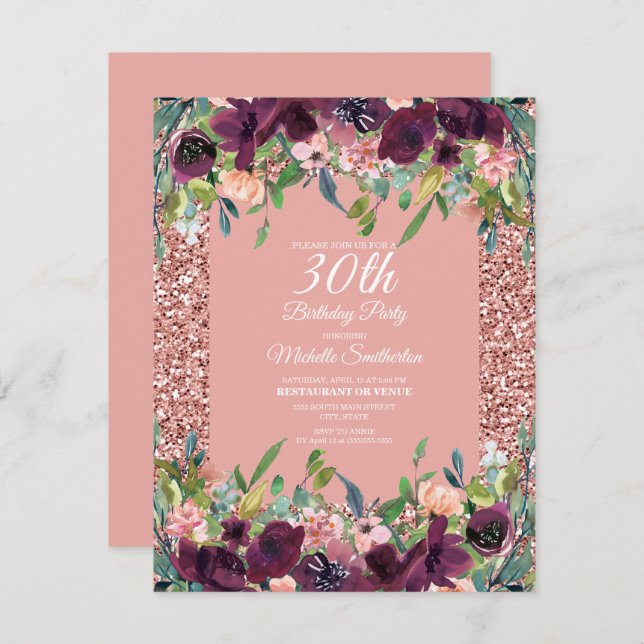 Pink Glitter Purple Floral Women's 30th Birthday Card (Front/Back)