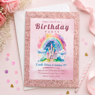 Pink Glitter Rainbow Castle 16th Birthday Party Invitation