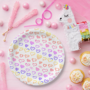 Pink Glitter Rainbow Hearts Paper Plate
