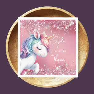 Pink Glitter Rainbow Unicorn Birthday Napkin