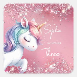 Pink Glitter Rainbow Unicorn Birthday Square Sticker