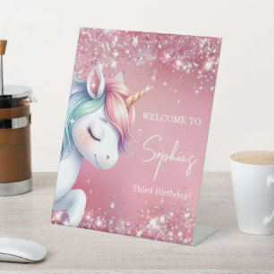 Pink Glitter Rainbow Unicorn Birthday Welcome Pedestal Sign