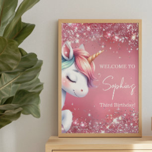 Pink Glitter Rainbow Unicorn Birthday Welcome Poster