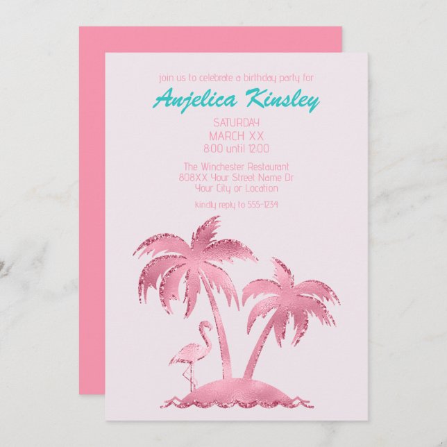 Pink Glitter Retro Flamingo and Palm Trees Invitation (Front/Back)