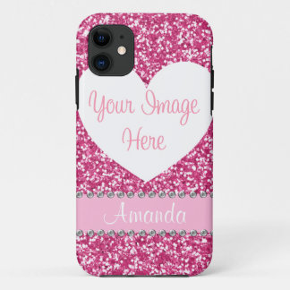 Pink Glitter Rhinestone Heart Photo iPhone Case