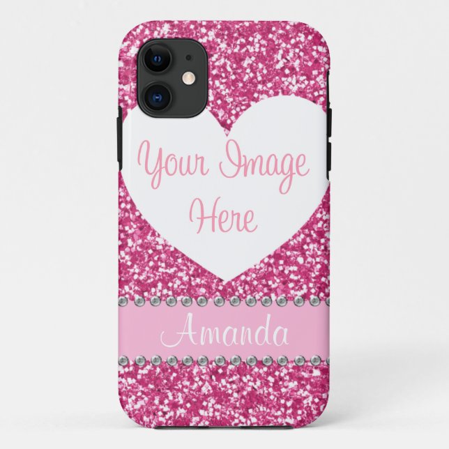 Pink Glitter Rhinestone Heart Photo iPhone Case (Back)