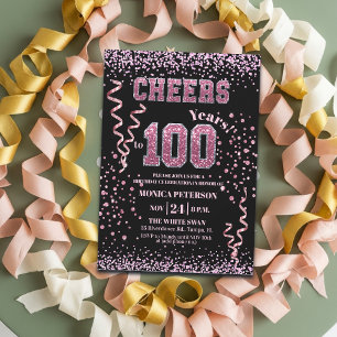 Pink Glitter Rhinestones 100th Birthday Party Invitation