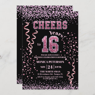 Pink Glitter Rhinestones 16th Birthday Party  Invitation