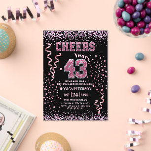 Pink Glitter Rhinestones 43rd Birthday Party Acrylic Invitations