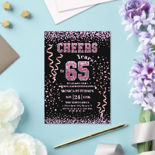Pink Glitter Rhinestones 65th Birthday Party Acrylic Invitations
