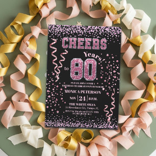 Pink Glitter Rhinestones 80th Birthday Party Invitation