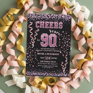 Pink Glitter Rhinestones 90th Birthday Party Invitation