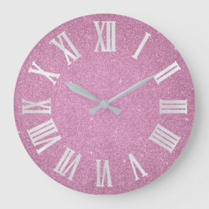 Pink Glitter Rose Girly Glitter Grey Roman Numbers Large Clock
