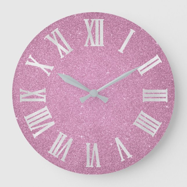 Pink Glitter Rose Girly Glitter Grey Roman Numbers Large Clock (Front)
