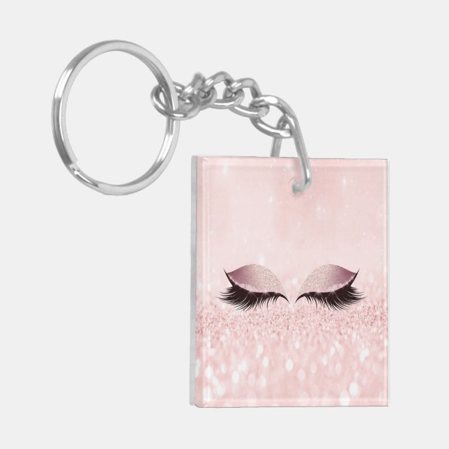 Pink Glitter Rose Girly Makeup Lashes Name Eyes Key Ring (Front Left)