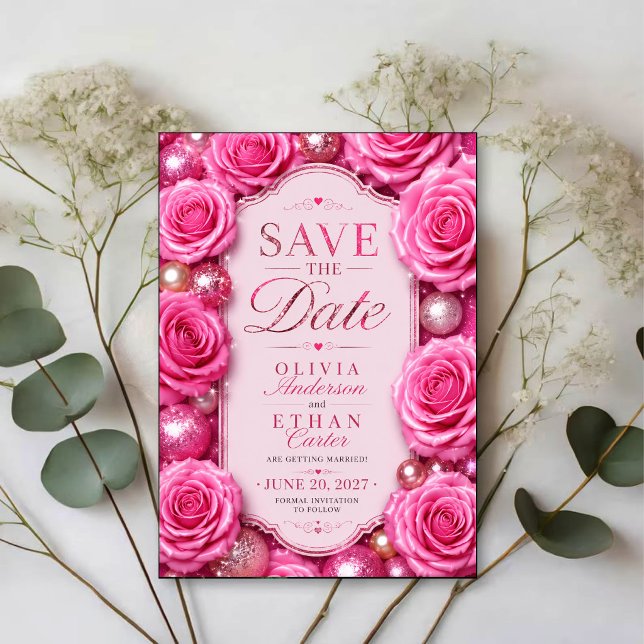 Pink Glitter Rose Glamorous Floral  Save The Date (Creator Uploaded)