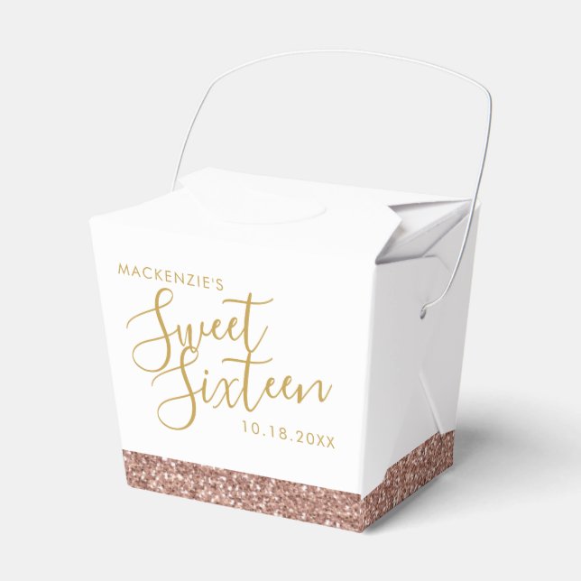 Pink Glitter Rose Gold Sweet 16 Name Mini Takeout Favour Box (Front Side)