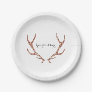 Pink Glitter Rustic Antlers Woodsy Glam Chic Party Paper Plate