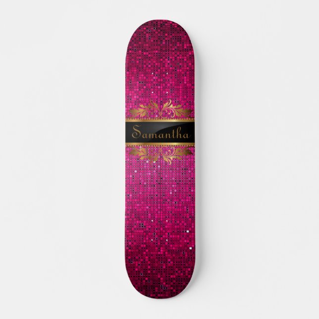 Pink Glitter Sequin Disco Glitz Mini Skateboard (Front)