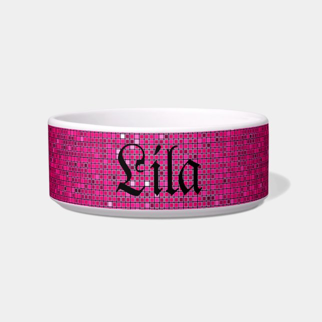 Pink Glitter Sequin Disco Glitz Pet Food Bowl (Front)