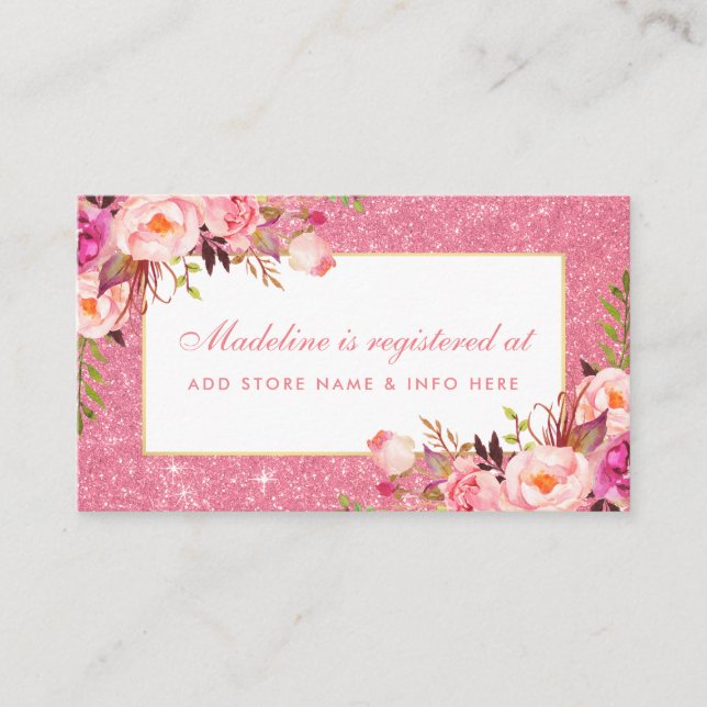Pink Glitter Shower Registry Insert Card (Front)