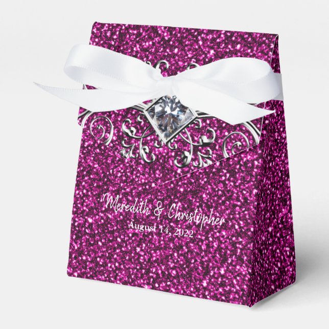 Pink Glitter Silver Bling Wedding Favour Box (Front Side)
