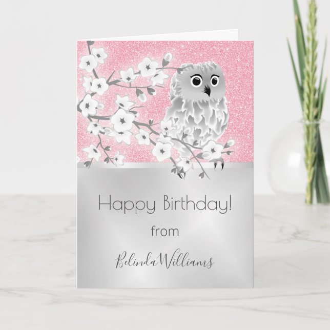 Pink Glitter Silver Owl Happy Birthday Card (Front)
