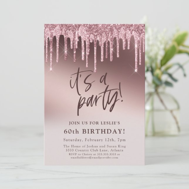 Pink Glitter Sixty 60th It's a Party Birthday Invitation (Standing Front)