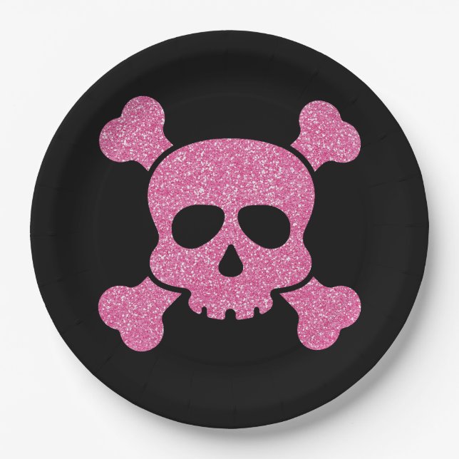 Pink Glitter Skull and Crossbones on Black Paper Plate (Front)