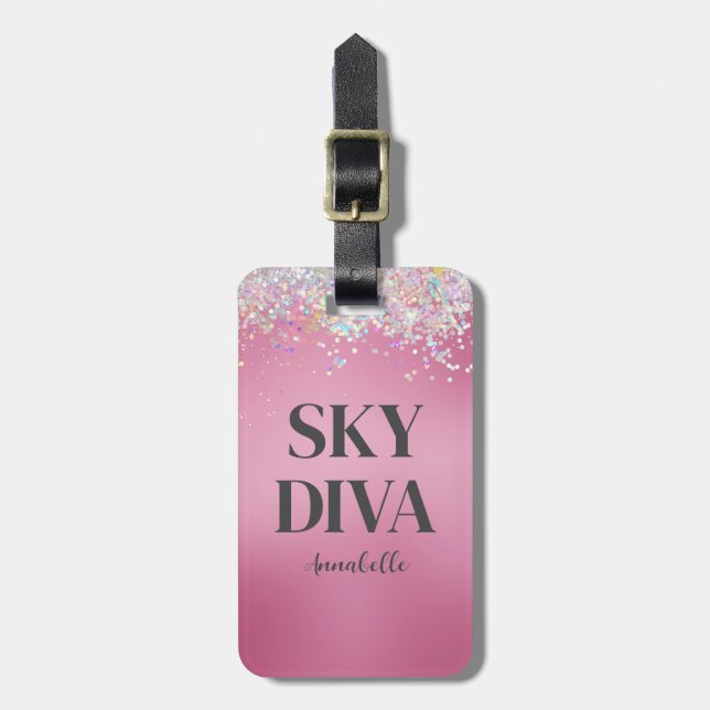 Pink Glitter Sky Diva Luggage Tag (Front Vertical)