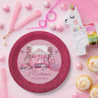 Pink Glitter Sleepover Girl Birthday Paper Plate