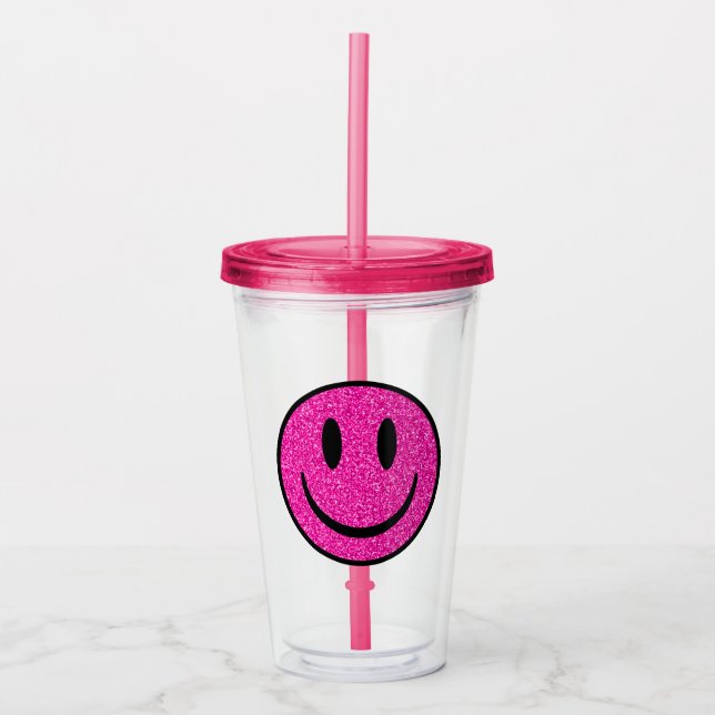 Pink Glitter Smile Face Acrylic Tumbler (Front)