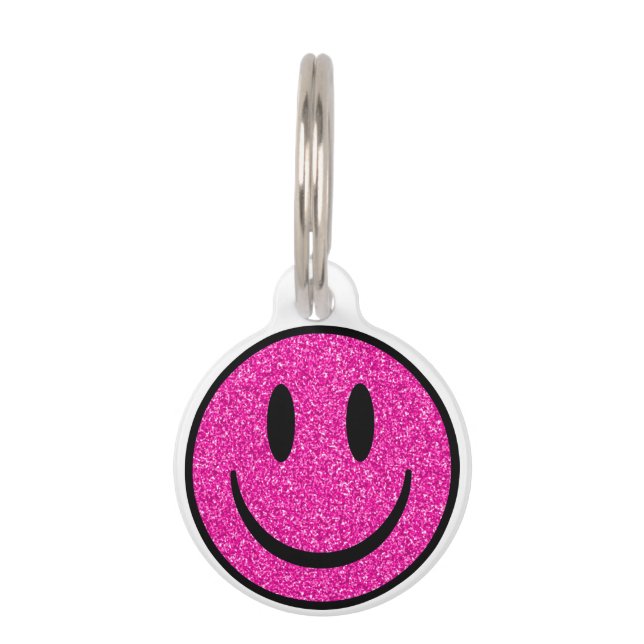 Pink Glitter Smile Face Pet Tag (Front)
