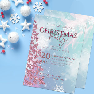 Pink Glitter Snowflake Pastel Holiday Party Invitation