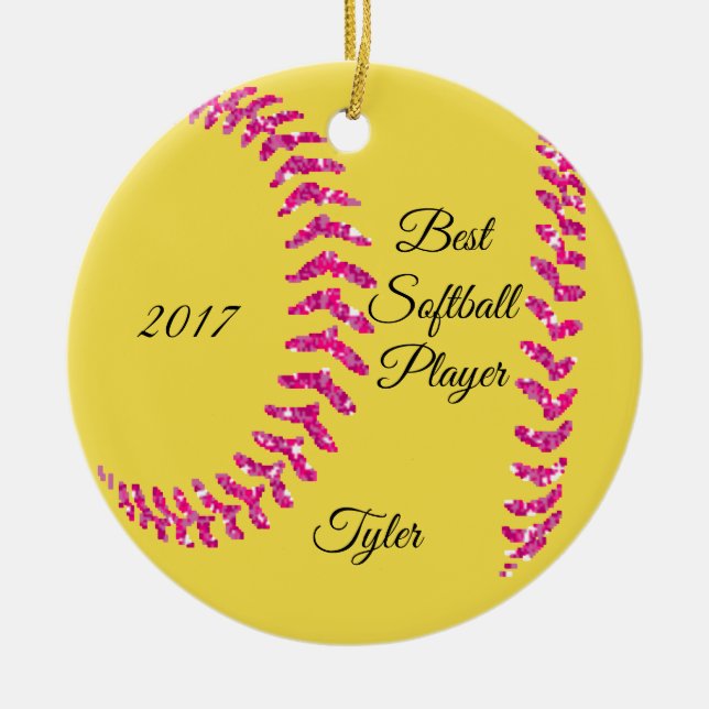 Pink Glitter Softball Stiches Ceramic Tree Decoration (Front)