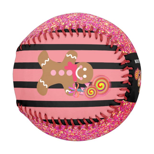 Pink Glitter Sparkle Gingerbread Girl Personalised Baseball (Back Left)