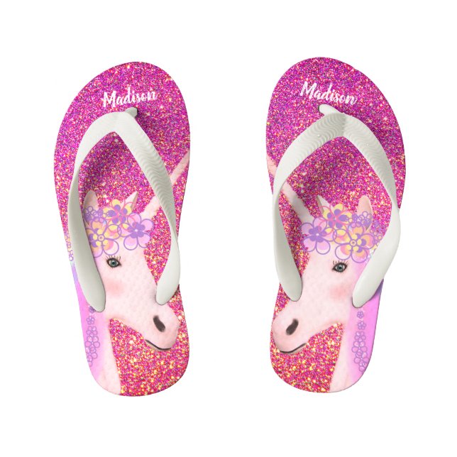 Pink Glitter Sparkle Unicorn Girls Personalised  Kid's Jandals (Footbed)