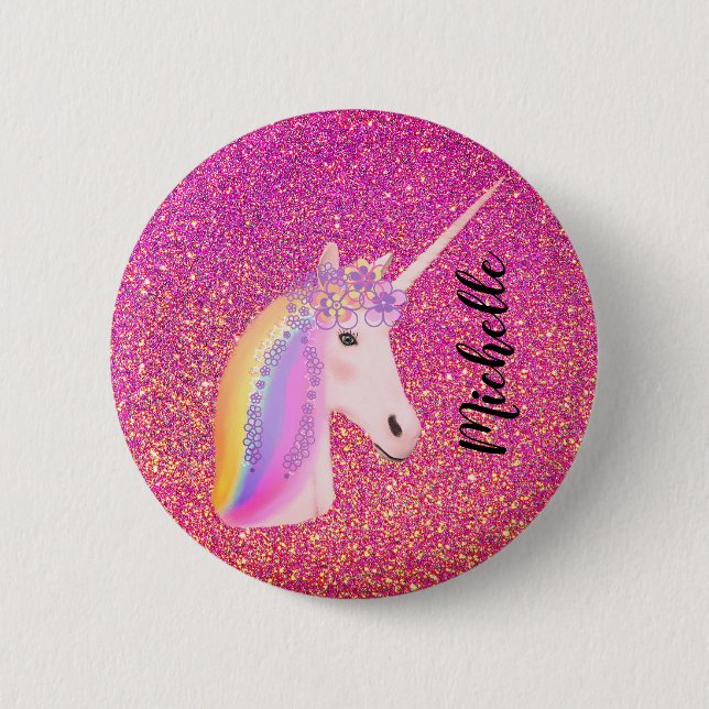 Pink Glitter Sparkles Unicorn Girl's Personalized 6 Cm Round Badge (Front)