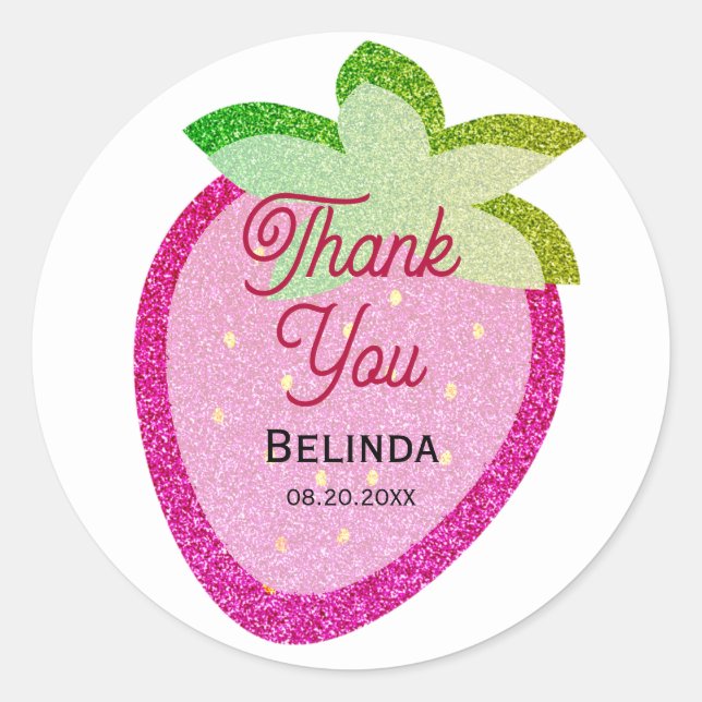 Pink Glitter Sparkling Y2K Strawberry Thank You Classic Round Sticker (Front)
