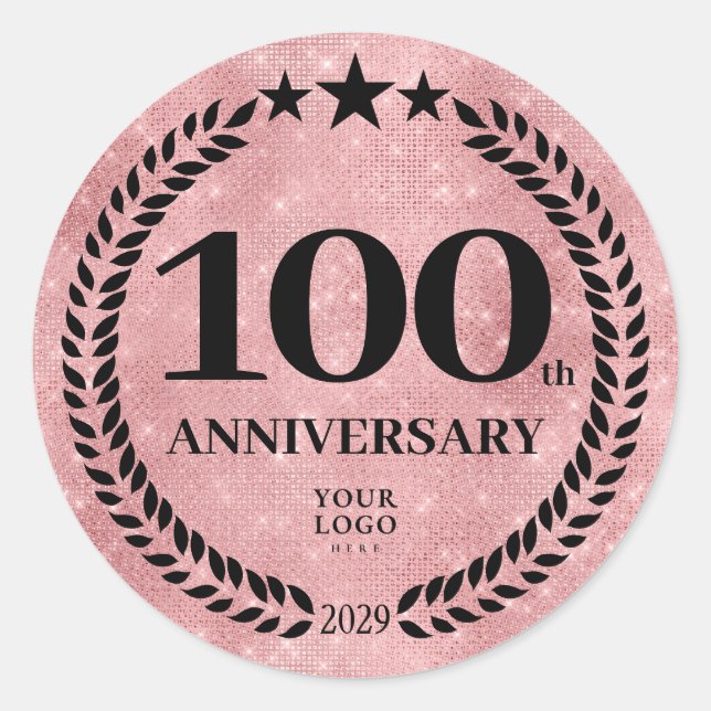  Pink Glitter Style 100 Anniversary Business Logo Classic Round Sticker (Front)
