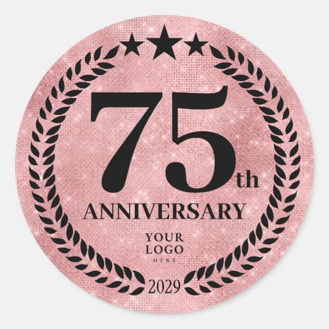  Pink Glitter Style 75th Anniversary Business Logo Classic Round Sticker (Front)