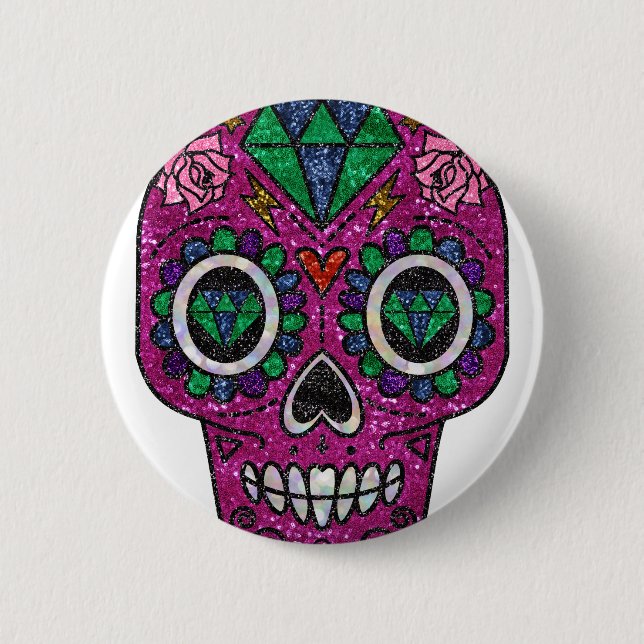 pink glitter sugar skull 6 cm round badge (Front)